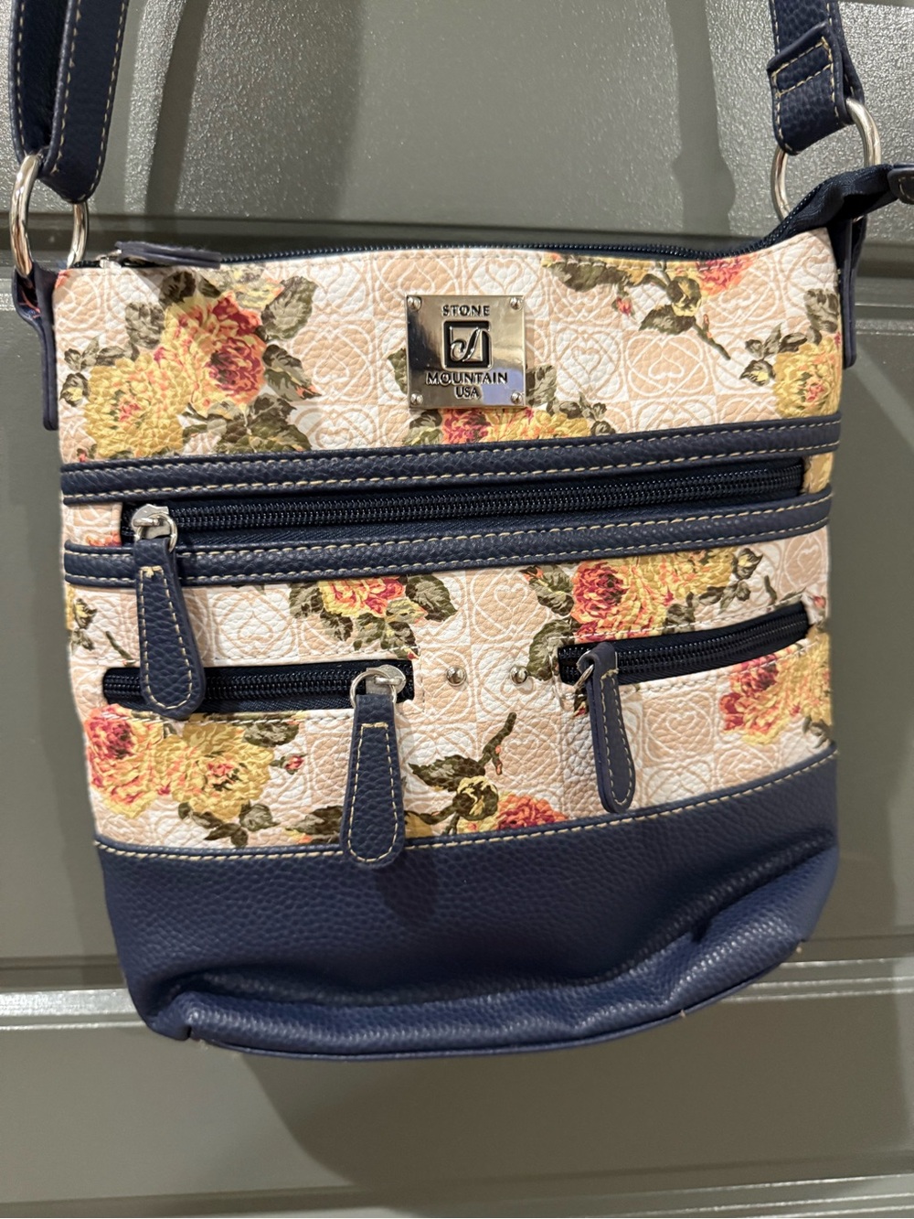 Navy Floral Crossbody Bag - Stone Mountain 5 zipper pockets